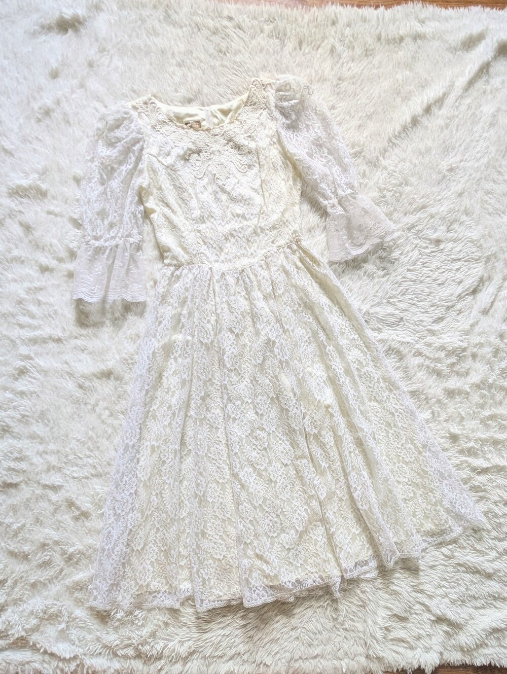 70s Gunne Sax by Jessica White Lace w/ Cream Lining Tea Wedding Dress 11